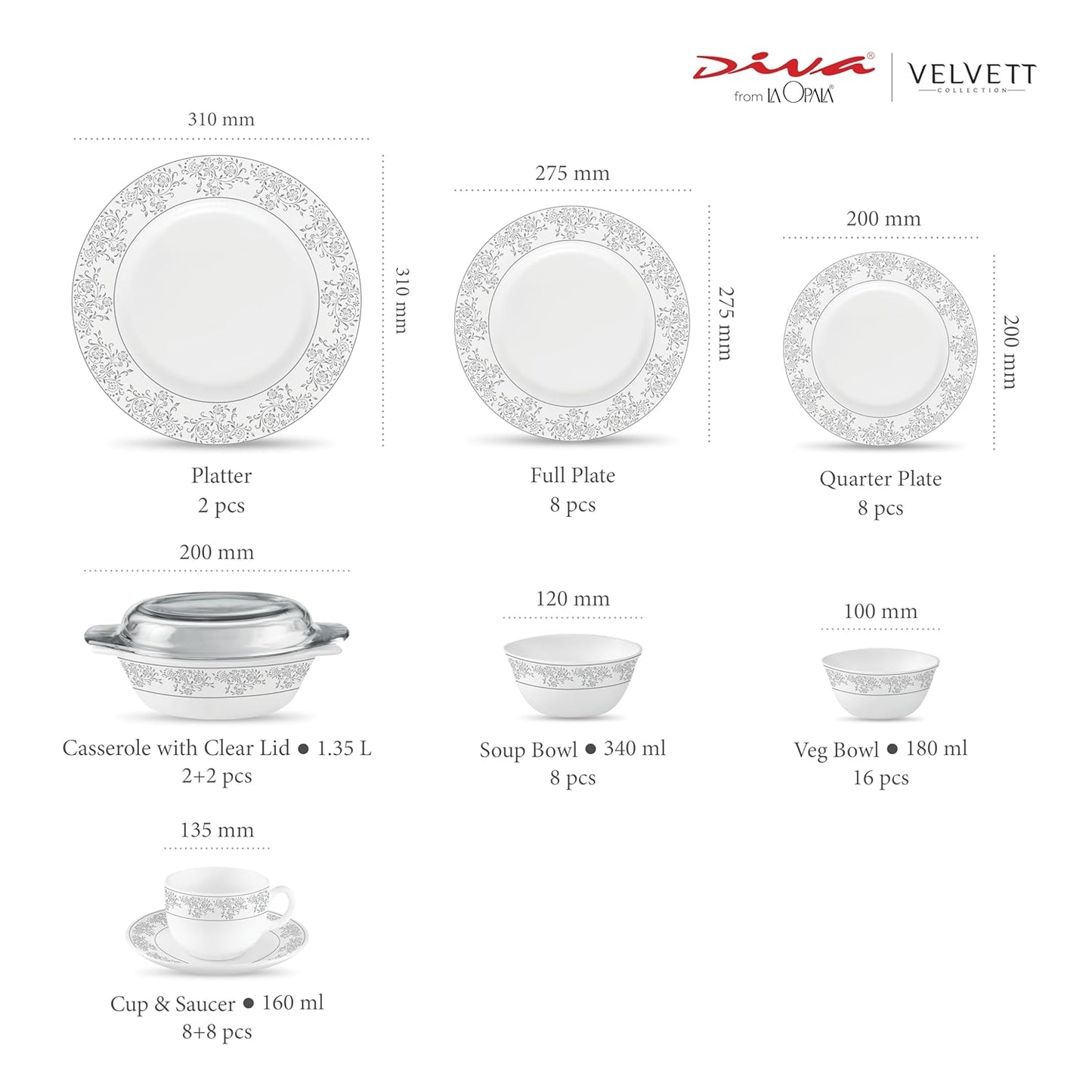 La Opala Diva Velvett Collection Opal Glass Crockery | for Family of 8 | Dinner Set 62 pcs Aria Grey | Plates & Bowls for Dining | Microwave Safe | 100% Vegetarian | Extra Strong | Light & White