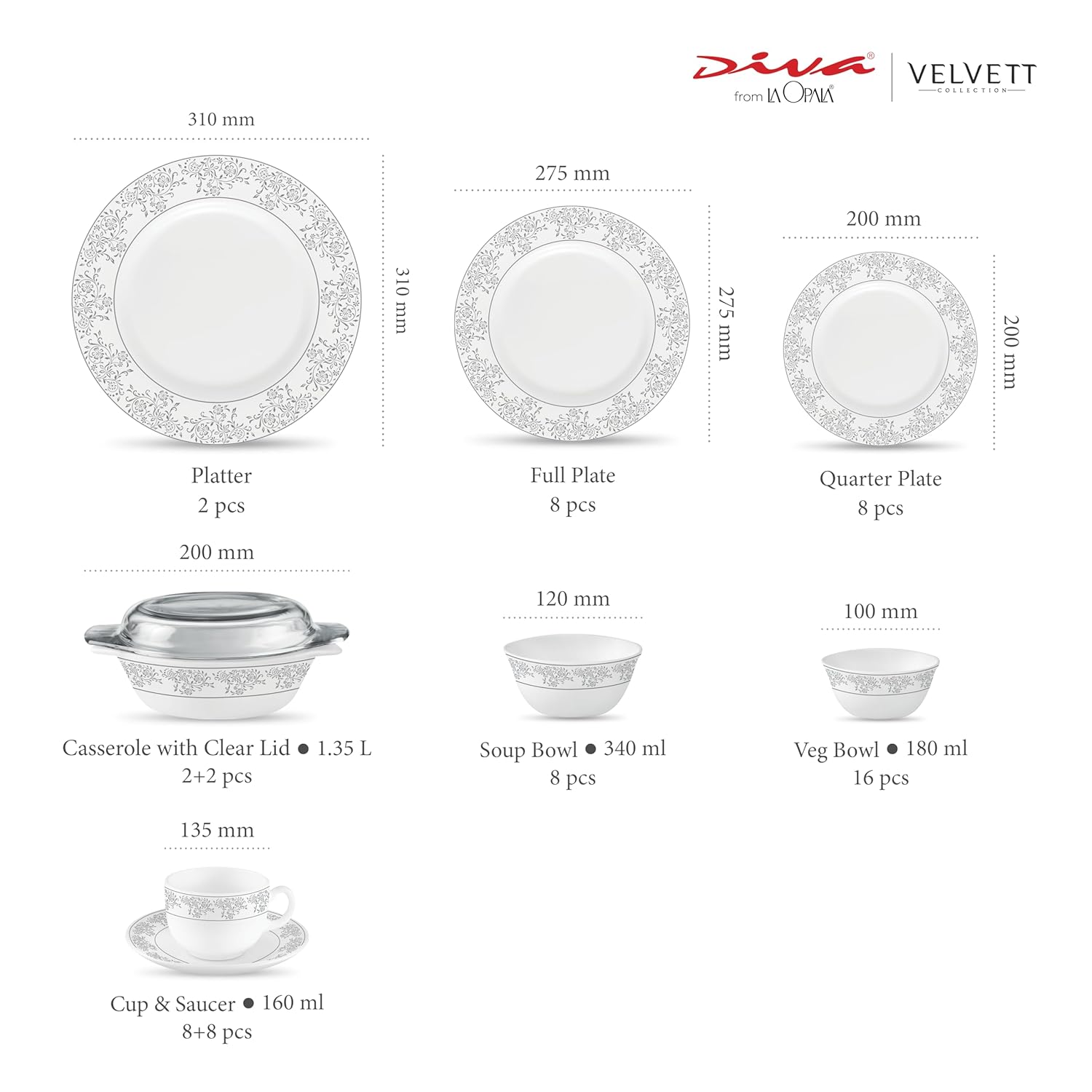 La Opala Diva Velvett Collection Opal Glass Crockery | for Family of 8 | Dinner Set 62 pcs Aria Grey | Plates & Bowls for Dining | Microwave Safe | 100% Vegetarian | Extra Strong | Light & White