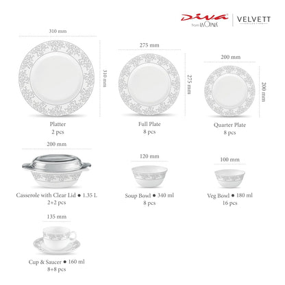 La Opala Diva Velvett Collection Opal Glass Crockery | for Family of 8 | Dinner Set 62 pcs Aria Grey | Plates & Bowls for Dining | Microwave Safe | 100% Vegetarian | Extra Strong | Light & White