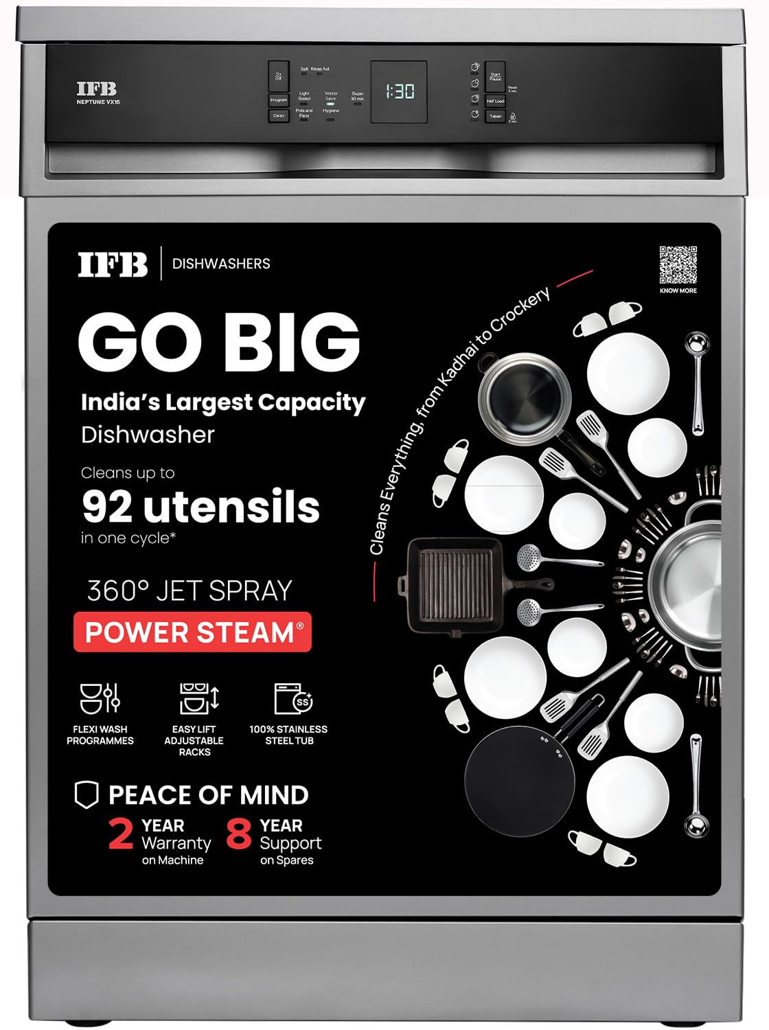 IFB 15 Place Freestanding Dishwasher with DeepClean® Technology, 3rd Cutlery Tray, 70°C Hot Water Wash, Turbo Drying, An