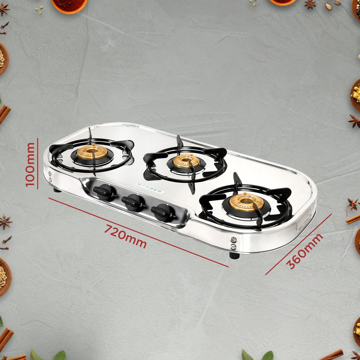 Faber high efficiency 3 Brass Burner gas stove|| Stainless Steel|| ISI Certified gas stove, Manual Ignition, (COOKTOP CR