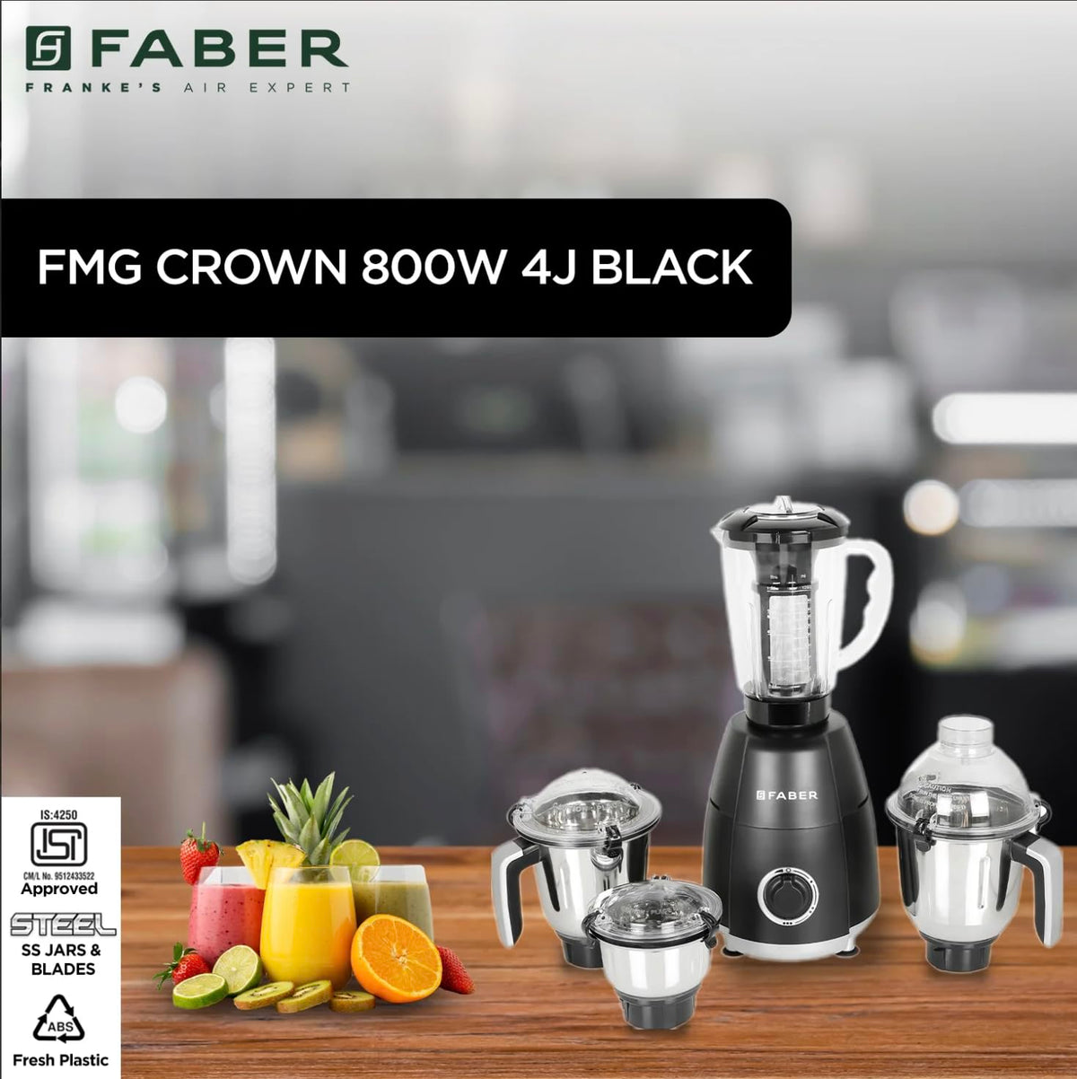 Faber Crown 800W Blender Mixer Grinder, 3 SS Clip Lock Jars + 1 PC jar || Low-Noise Copper Motor, up to 20000 RPM Speed 