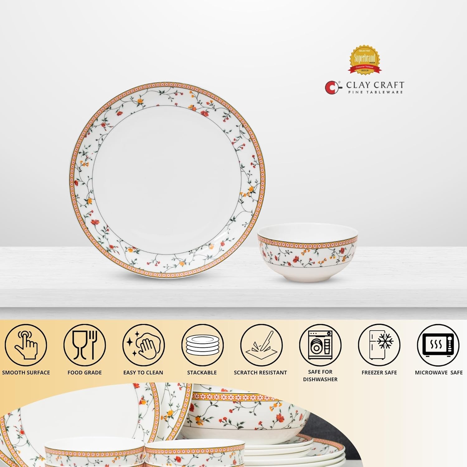 Clay Craft Fine Ceramic Eco Dinner Set, Enchanting Gold, for Family of 4, Dinner Set Ceramic, Crockery Set, Dining Set for Dinner, Crockery Set for Gift, Kitchen Set (ECO1, 8 Pieces)