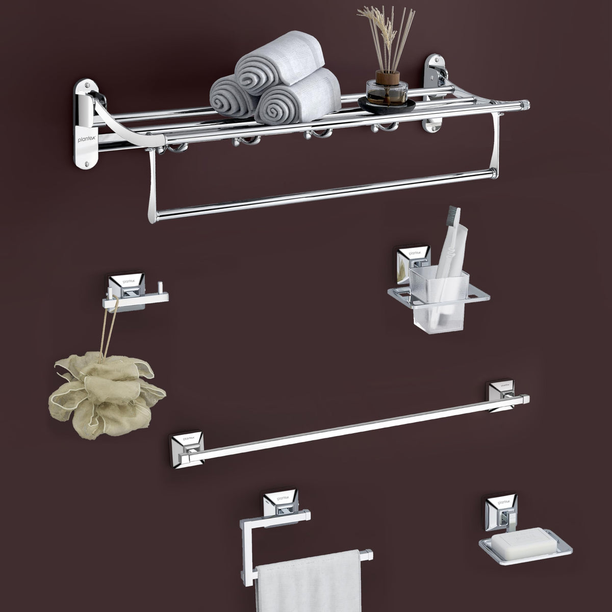 Plantex Stainless Steel Folding Towel Rack with SS - 304 Grade Squaro Bathroom Accessories Set 5pcs (Towel Rod/Napkin Ring/Tumbler Holder/Soap Dish/Robe Hook)-1