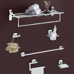 Plantex Stainless Steel Folding Towel Rack with SS - 304 Grade Squaro Bathroom Accessories Set 5pcs (Towel Rod/Napkin Ring/Tumbler Holder/Soap Dish/Robe Hook)-1