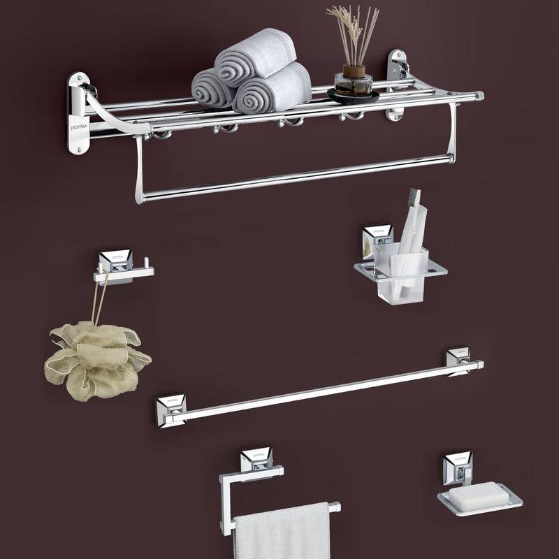 Plantex Stainless Steel Folding Towel Rack with SS - 304 Grade Squaro Bathroom Accessories Set 5pcs (Towel Rod/Napkin Ring/Tumbler Holder/Soap Dish/Robe Hook)-1