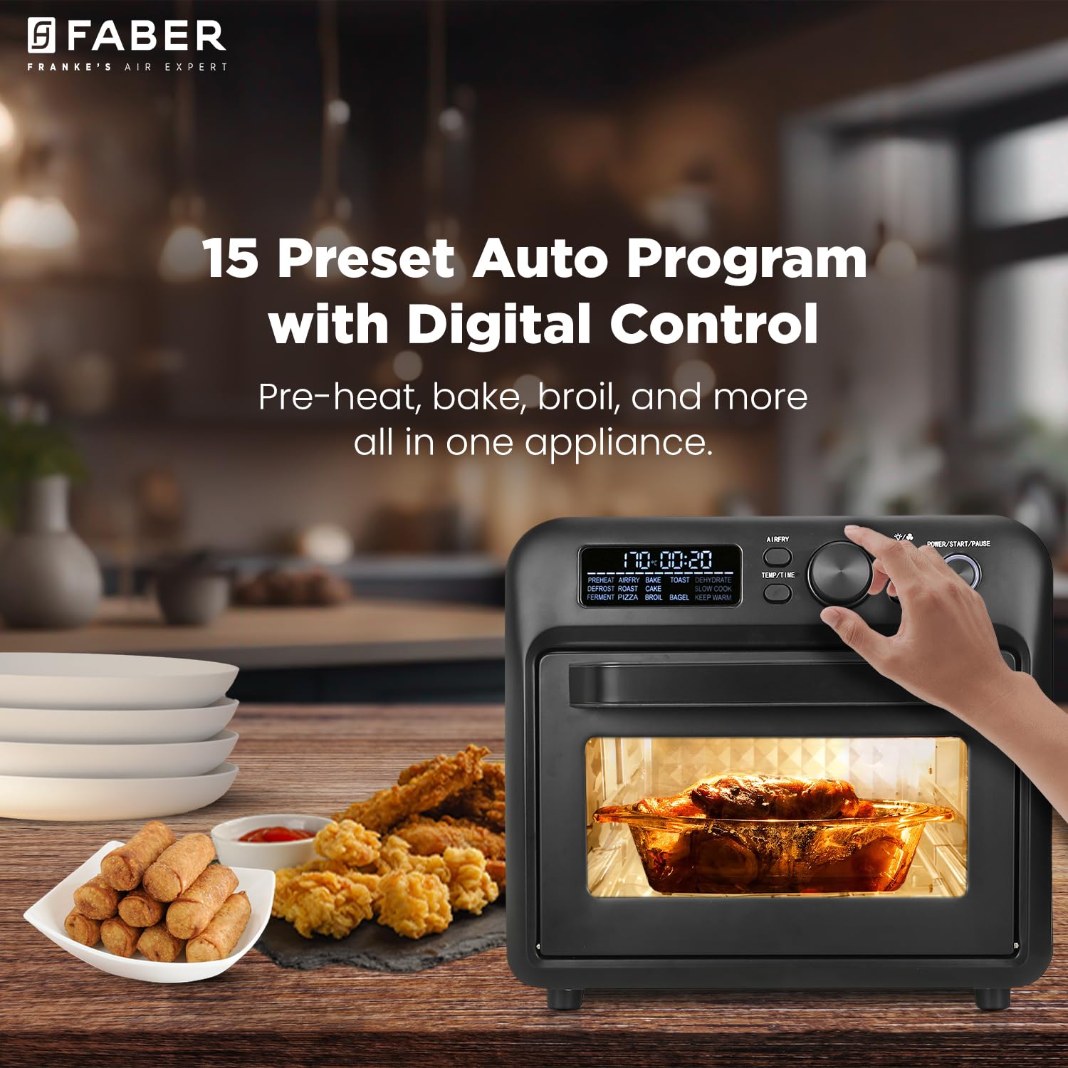 Faber Air Fryer Oven 25L, Digital Control, Bake Tray, SS Wire Tray&Basket, Crumb Tray, Rotisserie Kit|15 Preset Auto Program|Roast,Fry,Toast,Defrost|Convection Function|FAO 25L 15F BK|1700 W Black