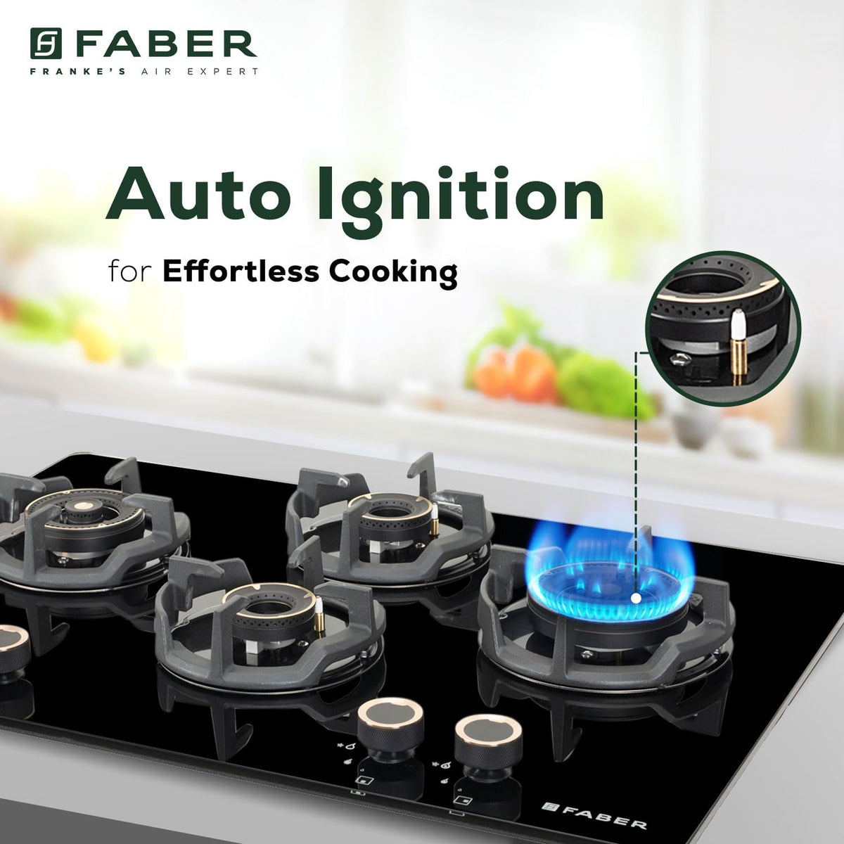 Faber 75Cm 4 Burner Hob|Auto Ignition|Built-In Or Hobtop|Flame Failure Device|Cast Iron Pan Support|Glass Finish|Metal K