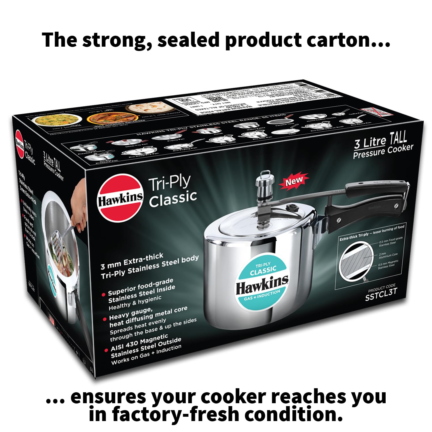 Hawkins Triply 3 Litre Classic Pressure Cooker, Triply Stainless Steel Induction Inner Lid & Tall Design Cooker, Silver (SSTCL3T)