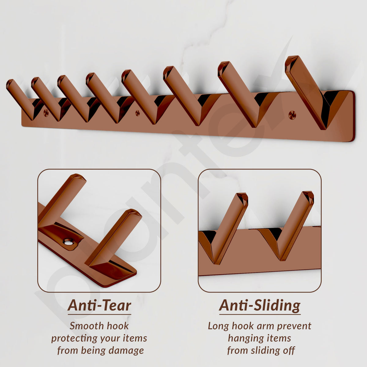 Plantex Wall Hooks for Hanging Cloth/Stainless Steel Towel Hangers/Bathroom Robe Hooks/Door Hangers/Square Wall Hook/Hook Rail for Hanging Keys - 8 Hooks (Pack of 2, PVD Rose Gold)-5