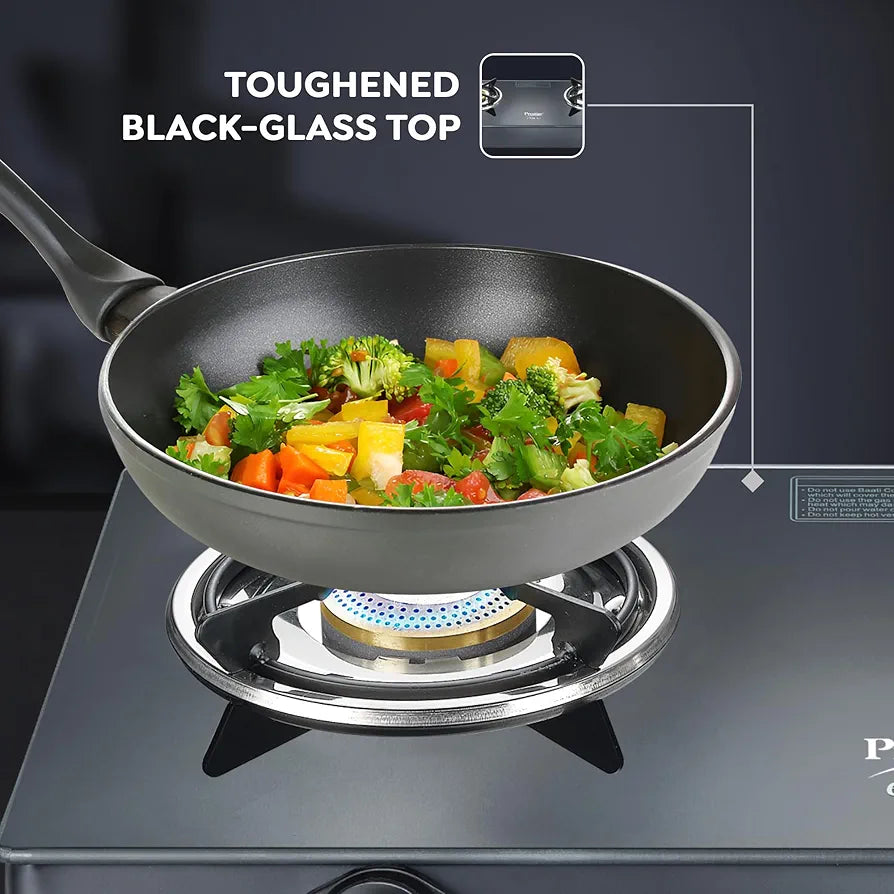 Prestige Efficia LP Open Gas Stove with Powder-Coated Body, Glass Top & 2 Brass Burners