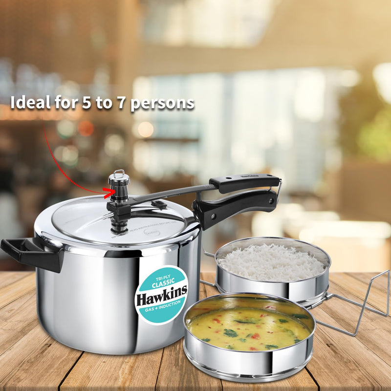 Hawkins Classic 5 Litre Tri-Ply Pressure Cooker with Separator, Triply Stainless Steel Inner Lid Cooker, Silver (SSTCL51)
