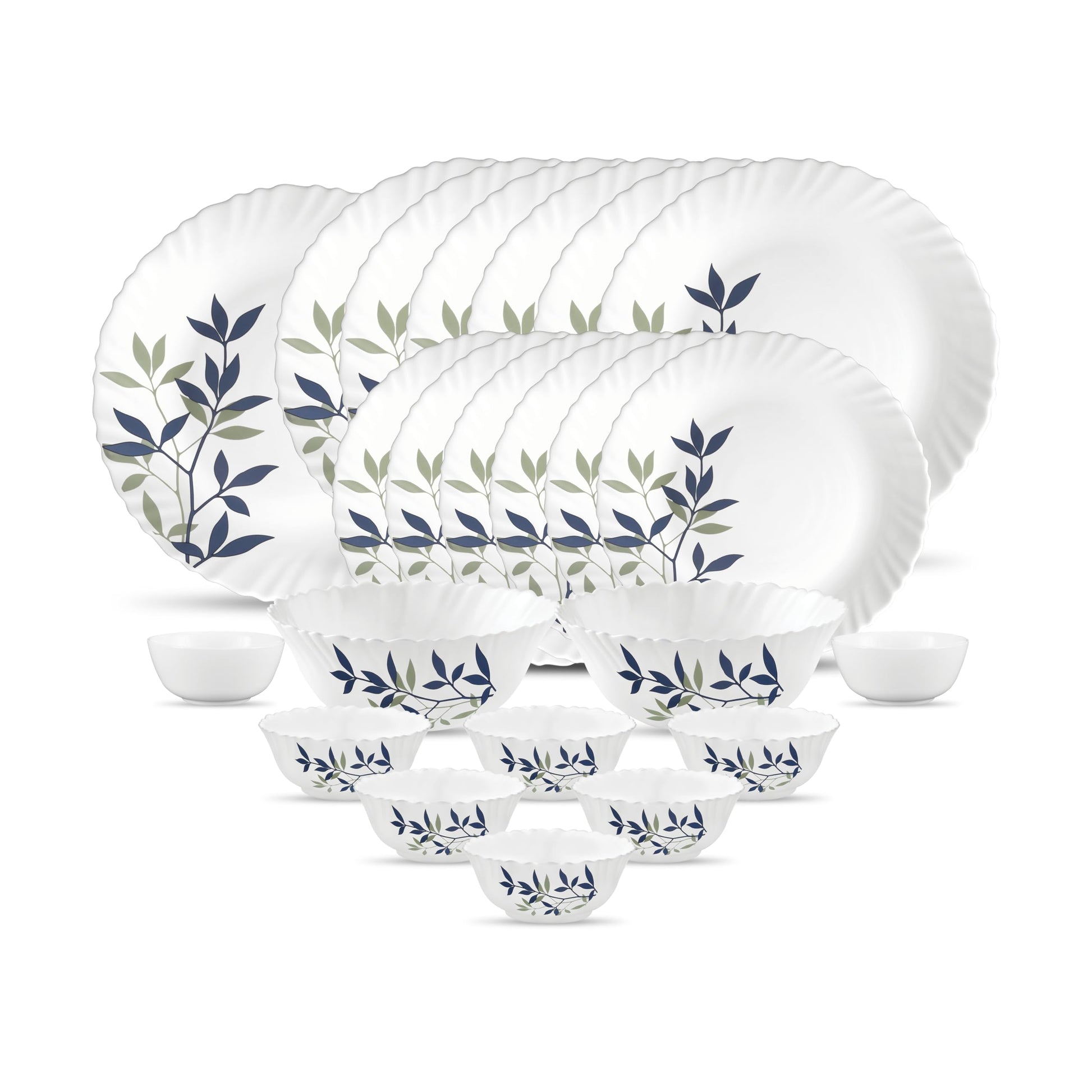 La Opala Novo Collection Opal Glass Crockery | for Family of 6 | Dinner Set 23 pcs Lush Greens | Plates & Bowls for Dining | Microwave Safe | 100% Vegetarian | Extra Strong | Light & White