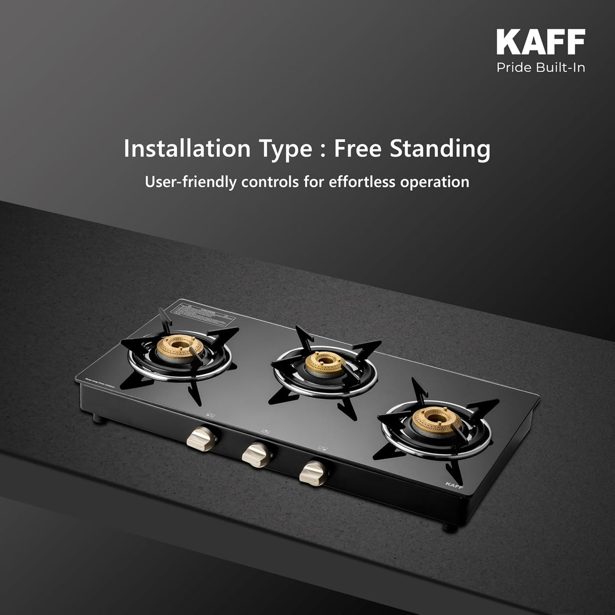 Kaff CTC 77 3B Gas Stove/Cooktop 3 Burners with Manual Ignition 77 CM, High Efficiency Brass Burners, Black Tempered Gla