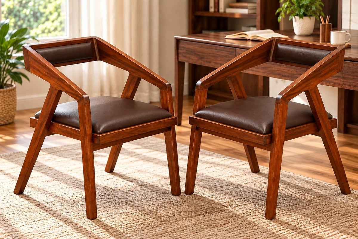 Solid Sheesham Wood Cafe Arm Chair, Walnut + Chocolate Upholstered Seat, Modern Wooden Accent Chair, Set of 2 (