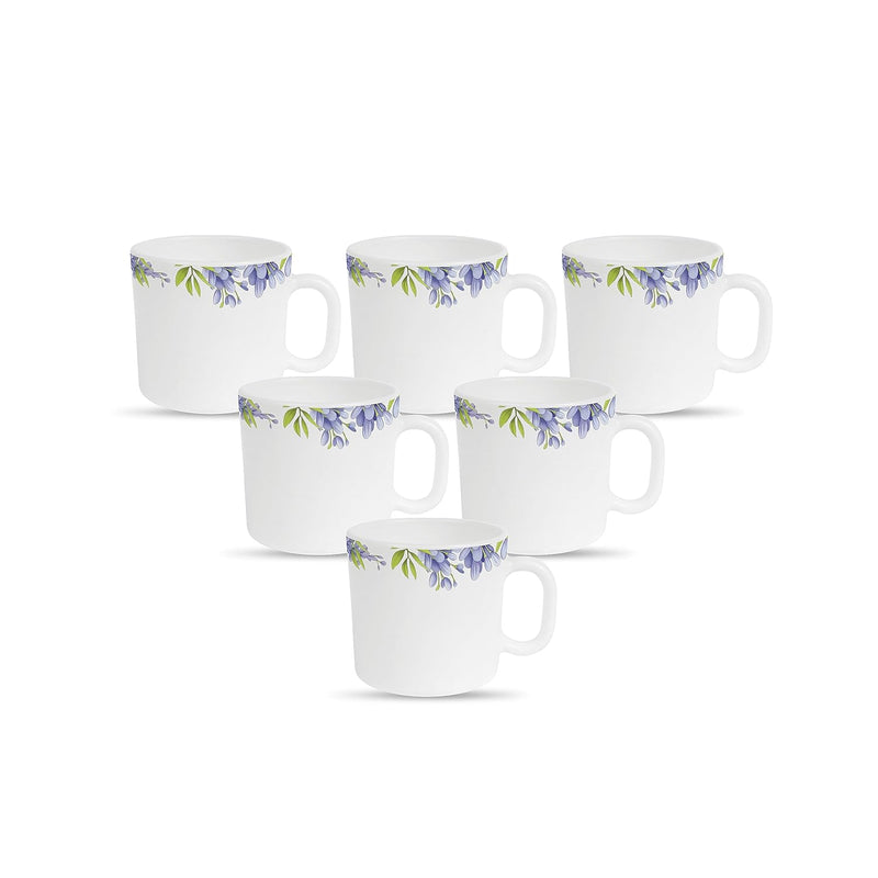 La Opala Diva, Pearl Collection Opal Glass Crockery | Coffee Mug Regular, Set of 6 | Lively Hues, 190 ml | for Tea & Coffee | Microwave Safe | 100% Vegetarian | Extra Strong | Super Light & White