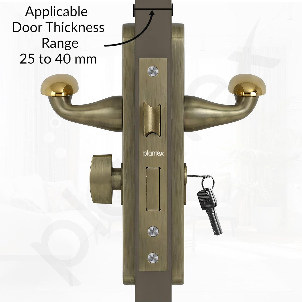 Plantex Heavy-Duty Door Lock/Door Handle Lock Set 6-Lever Lock Mechanism/Mortise Lock with 3 Keys, Brass Lockbody & Cylinder (8134 - Brass Antique & PVD Gold)-3