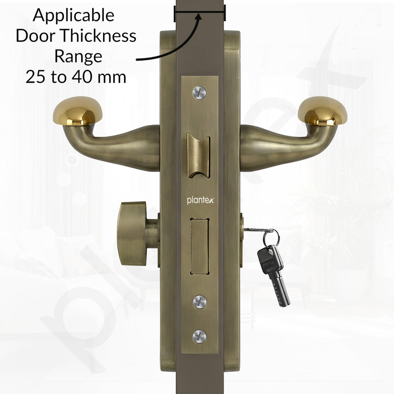 Plantex Heavy-Duty Door Lock/Door Handle Lock Set 6-Lever Lock Mechanism/Mortise Lock with 3 Keys, Brass Lockbody & Cylinder (8134 - Brass Antique & PVD Gold)-3