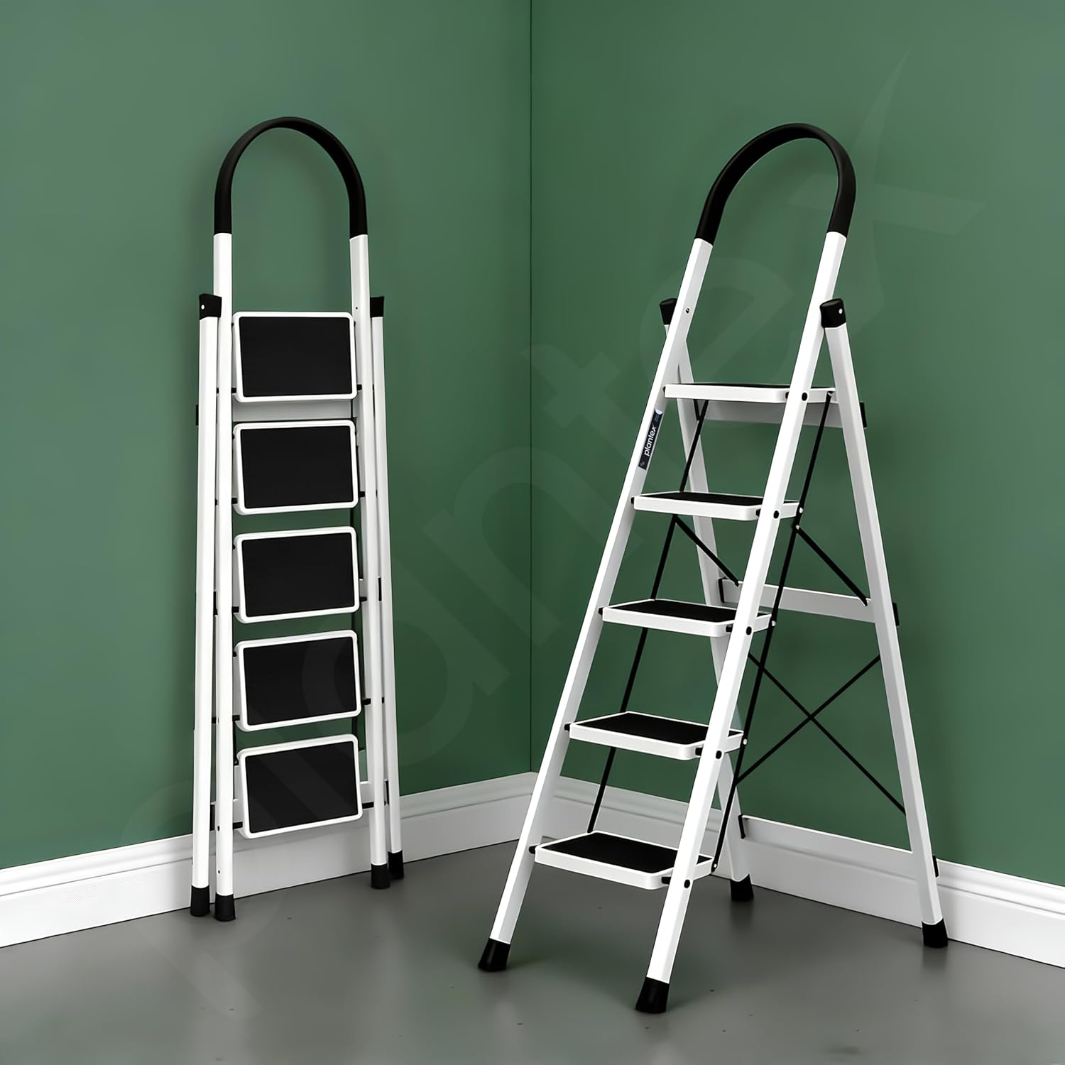 Plantex Ladder for Home 5 Steps/Foldable Ladder with Anti-Skid Wide Steps (30L x 20W cm)/Strong D-Shape Pipe with X-Support for More Stability/5 Year Warranty(Apex-White)