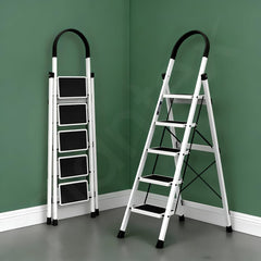 Plantex Ladder for Home 5 Steps/Foldable Ladder with Anti-Skid Wide Steps (30L x 20W cm)/Strong D-Shape Pipe with X-Support for More Stability/5 Year Warranty(Apex-White)