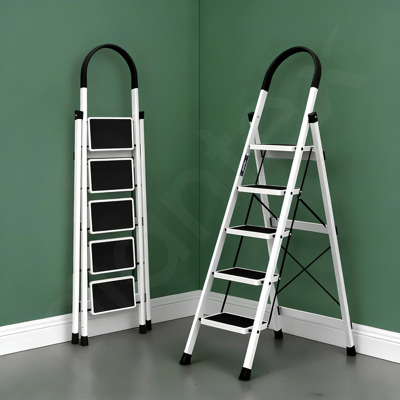 Plantex Ladder for Home 5 Steps/Foldable Ladder with Anti-Skid Wide Steps (30L x 20W cm)/Strong D-Shape Pipe with X-Support for More Stability/5 Year Warranty(Apex-White)