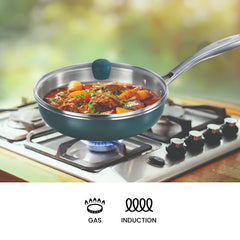 Hawkins Olive Pro 22 cm Frying Pan, Triply Stainless Steel Fry Pan with Stainless Steel Handle and Stainless Steel Lid, Green (POSF22G)