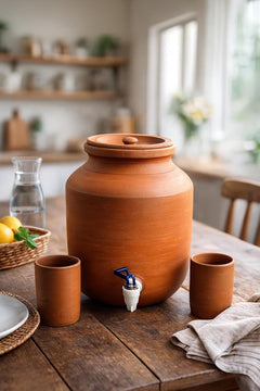 Clay Water Camper with 2 Glass Containers, Traditional Matka Style Earthen Dispenser, Handmade Natural Clay Pot for Drinking Water, Cool Water Storage Jug for Home, Kitchen (7, litres)