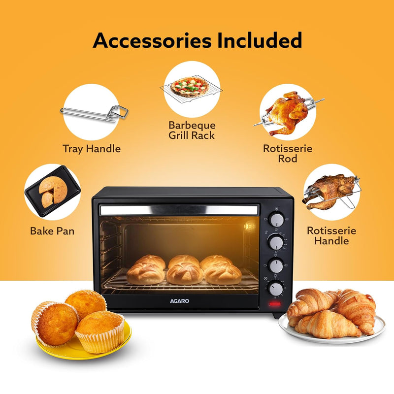 AGARO Marvel 48 Liters Oven Toaster Griller, Motorised Rotisserie and Convection Cake Baking OTG with 3 Heating Mode, (Black)