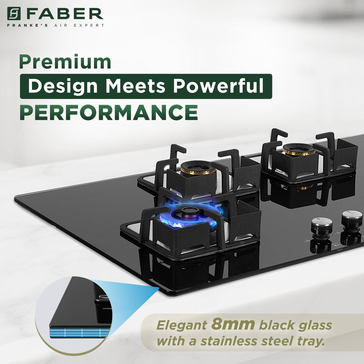 Faber 4 Burner HCT 90 cm Hob| Brass Burners| Bakelite Knobs| Cast Iron Pan Support| Hob/Cooktop Hybrid| Toughened Glass 