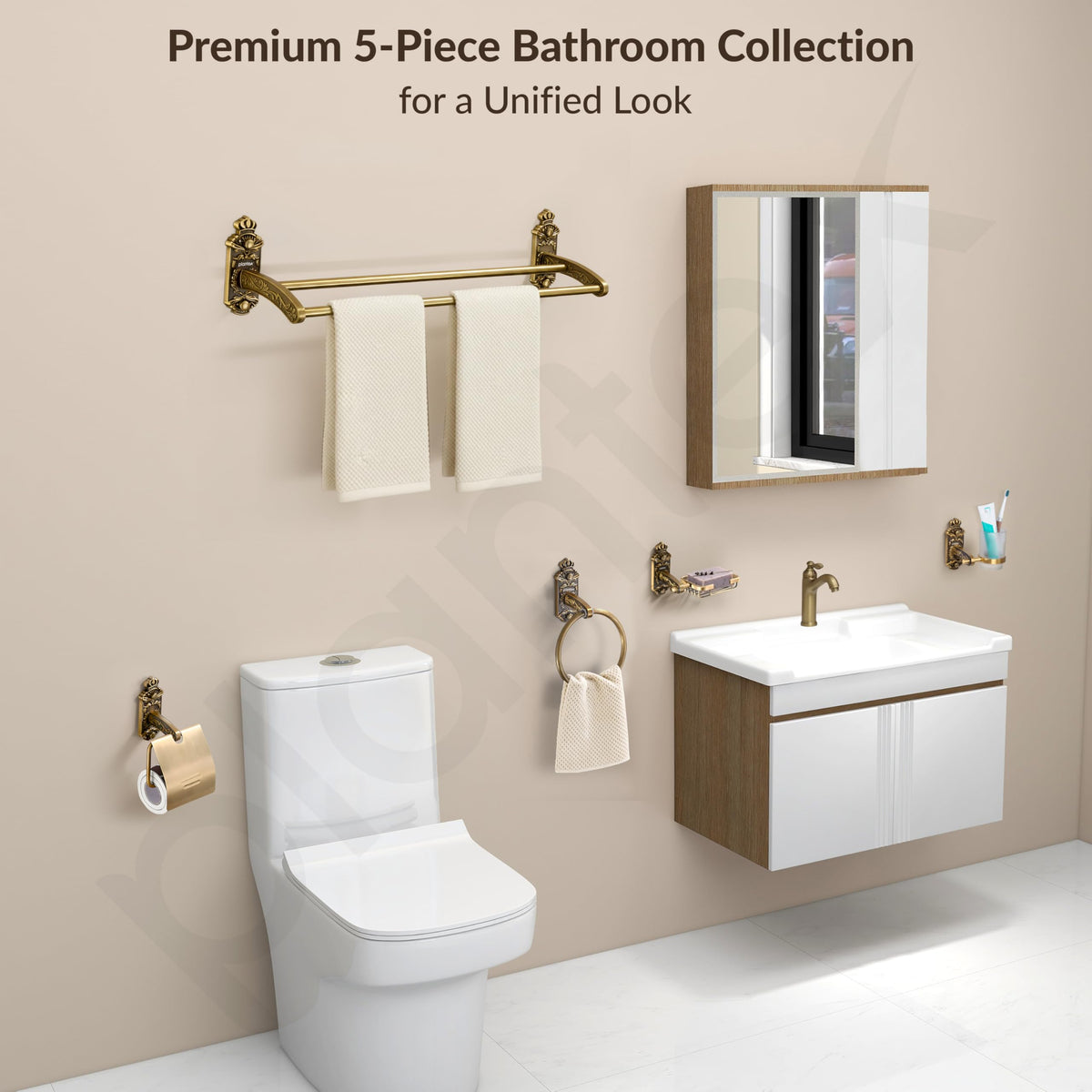 Plantex Aluminium Antique Bathroom Accessories Set Of 5-Pcs/Bathroom Hardware Set (Towel Rod/Napkin Ring/Paper Holder/Soap Dish/Tumbler Holder), Gold-4