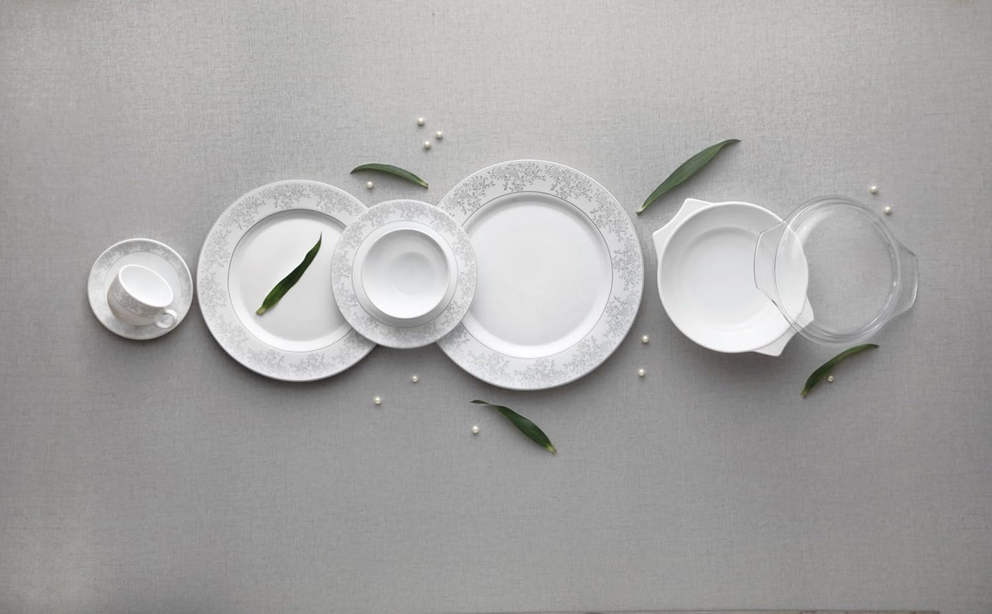 La Opala Diva Velvett Collection Opal Glass Crockery | for Family of 8 | Dinner Set 45 pcs Aria Grey | Plates & Bowls for Dining | Microwave Safe | 100% Vegetarian | Extra Strong | Light & White