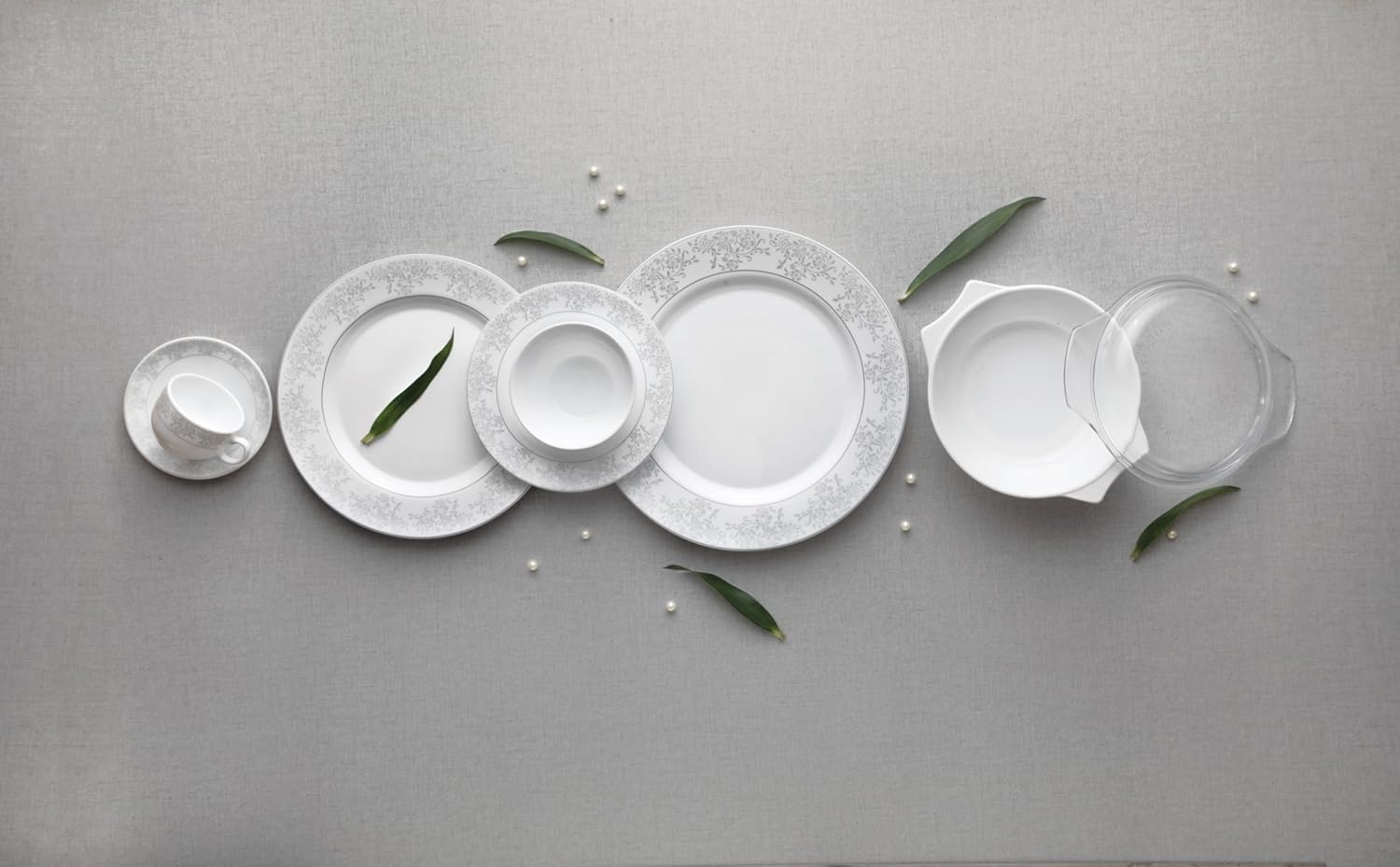 La Opala Diva Velvett Collection Opal Glass Crockery | for Family of 8 | Dinner Set 62 pcs Aria Grey | Plates & Bowls for Dining | Microwave Safe | 100% Vegetarian | Extra Strong | Light & White