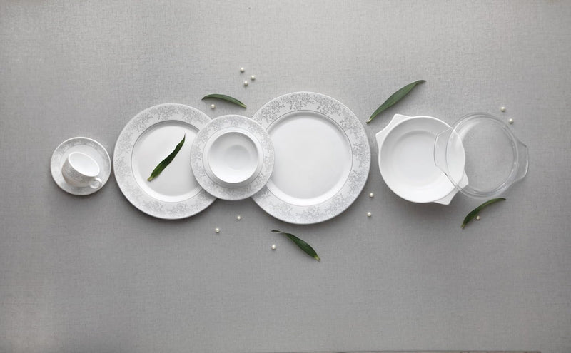La Opala Diva Velvett Collection Opal Glass Crockery | for Family of 8 | Dinner Set 62 pcs Aria Grey | Plates & Bowls for Dining | Microwave Safe | 100% Vegetarian | Extra Strong | Light & White