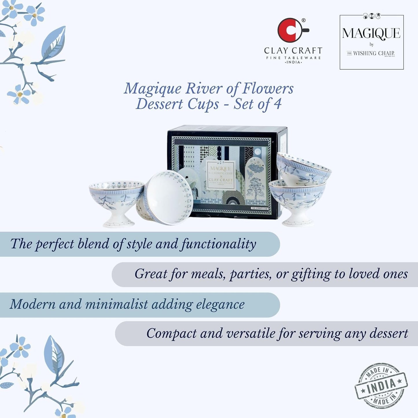 Magique by The Wishing Chair x ClayCraft : River of Flowers Dessert Cups Set of 4 | 160 ml Ceramic Ice Cream Bowls | Elegant Floral Cups for Ice Cream, Sorbet & Gelato | Dishwasher Safe