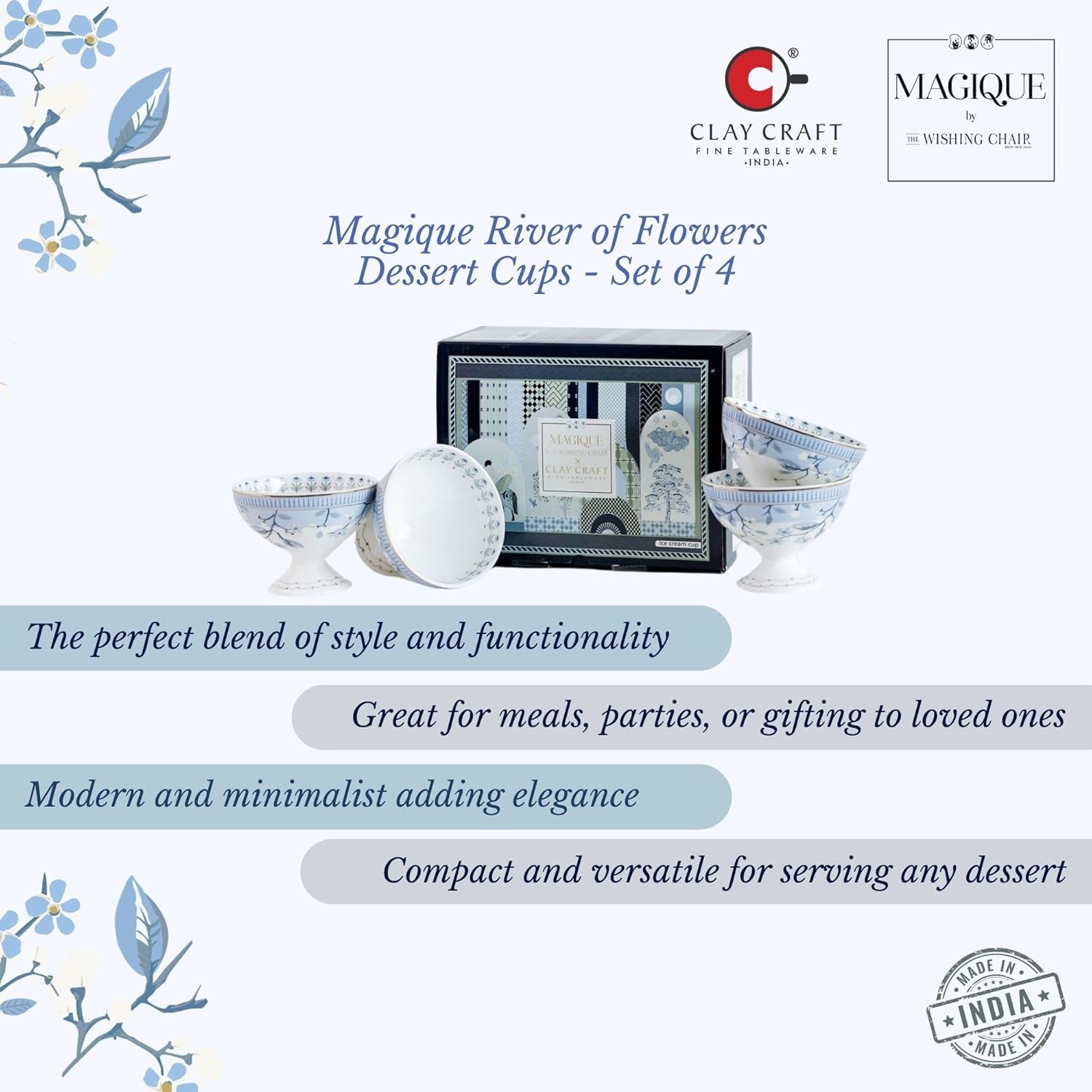 Magique by The Wishing Chair x ClayCraft : River of Flowers Dessert Cups Set of 4 | 160 ml Ceramic Ice Cream Bowls | Elegant Floral Cups for Ice Cream, Sorbet & Gelato | Dishwasher Safe