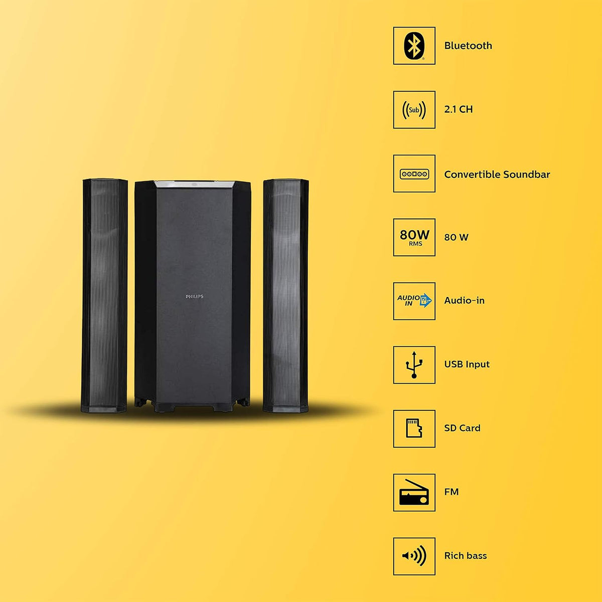 Philips Convertible Soundbar MMS8085B, 2.1 Channel with Multipoint-Connectivity Option, USB in