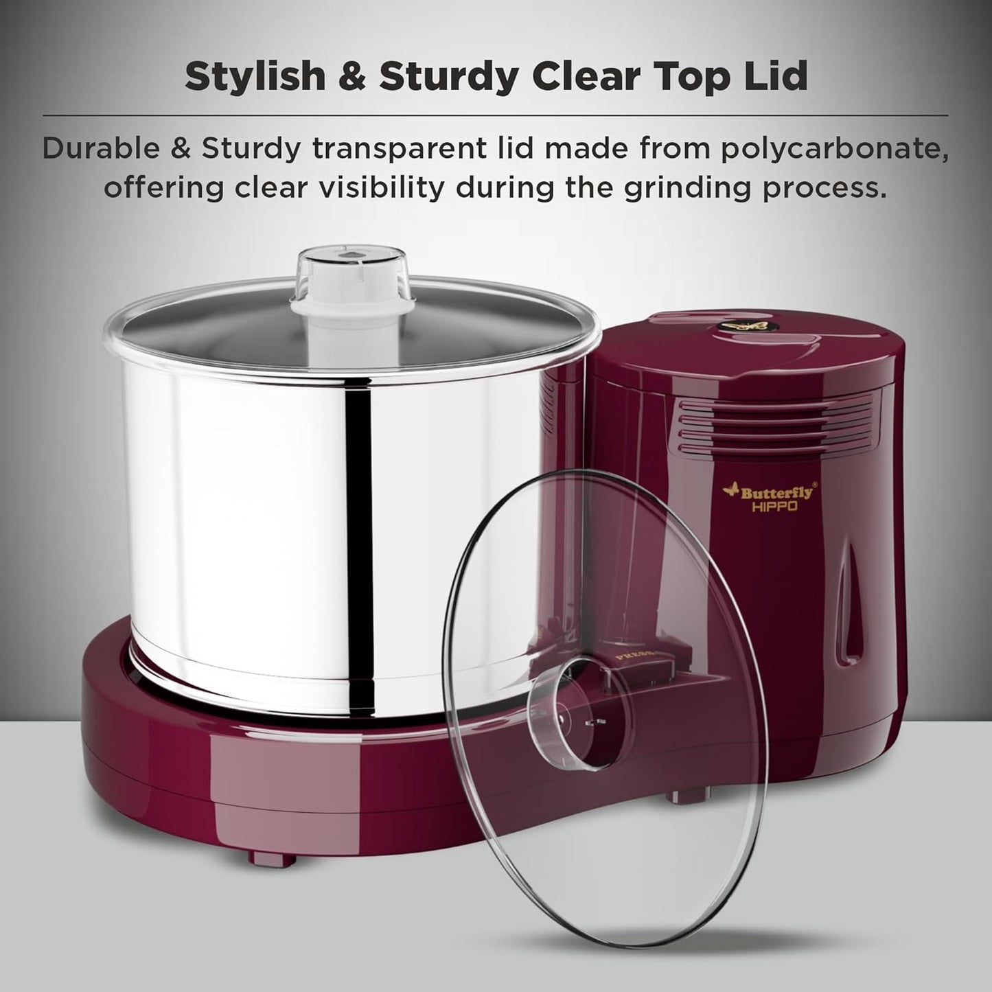 Butterfly Hippo 2 Litres Table-Top Wet Grinder | 150 Watts | Shockproof ABS Body | 4-way Grinding | Easy Clean & Maintenance | Stainless Steel Drum | 2 Years Manufacturer's Warranty | Cherry Red