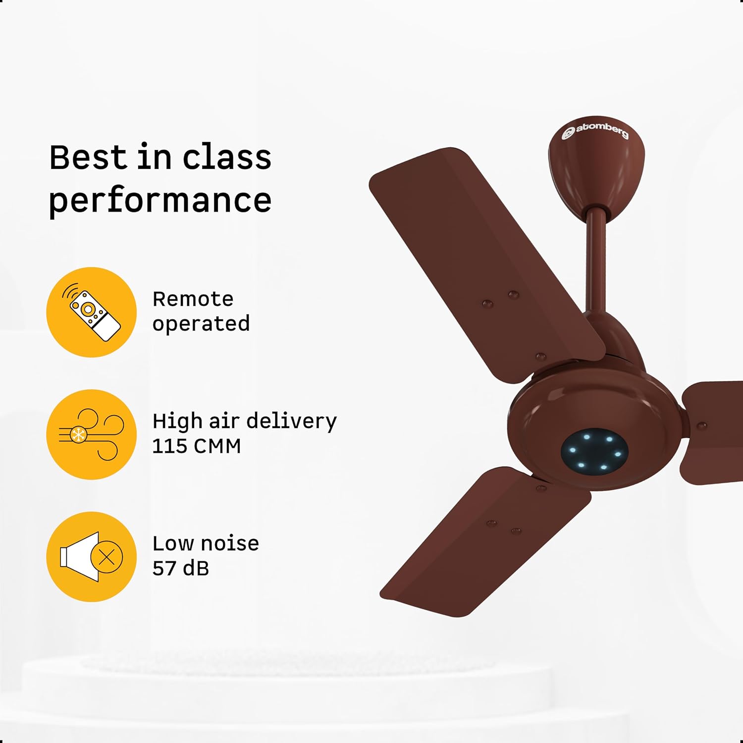 atomberg Ikano 600mm BLDC Ceiling Fan with Remote | BEE 5 star | High Air Delivery | LED Speed Indicator | Low Noise | Timeless Design with Power Saving | 3 Year Warranty| Gloss Brown