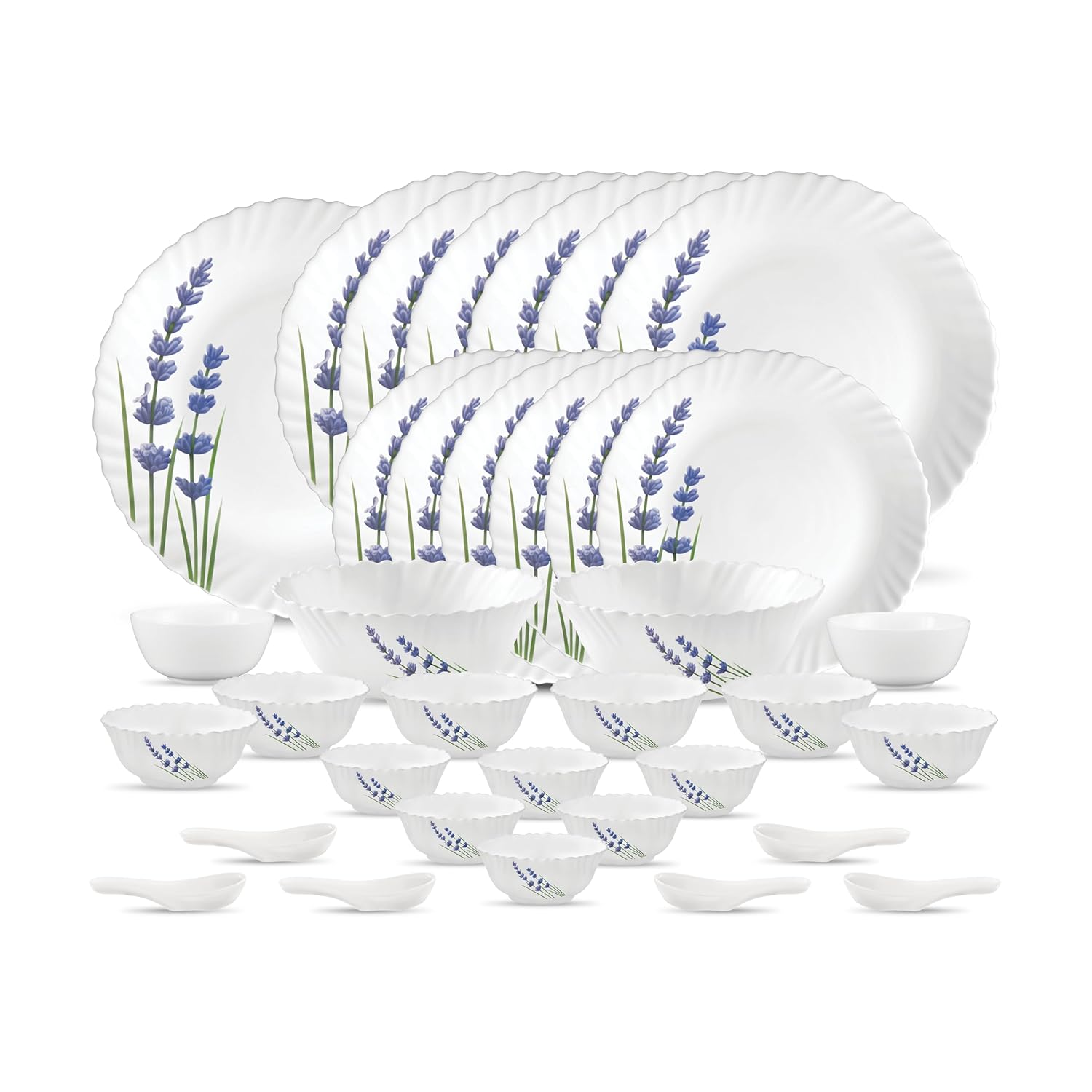 La Opala Novo Collection Opal Glass Crockery | for Family of 6 | Dinner Set 35 pcs English Lavender | Plates & Bowls for Dining | Microwave Safe | 100% Vegetarian | Extra Strong | Light & White