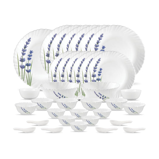 La Opala Novo Collection Opal Glass Crockery | for Family of 6 | Dinner Set 35 pcs English Lavender | Plates & Bowls for Dining | Microwave Safe | 100% Vegetarian | Extra Strong | Light & White