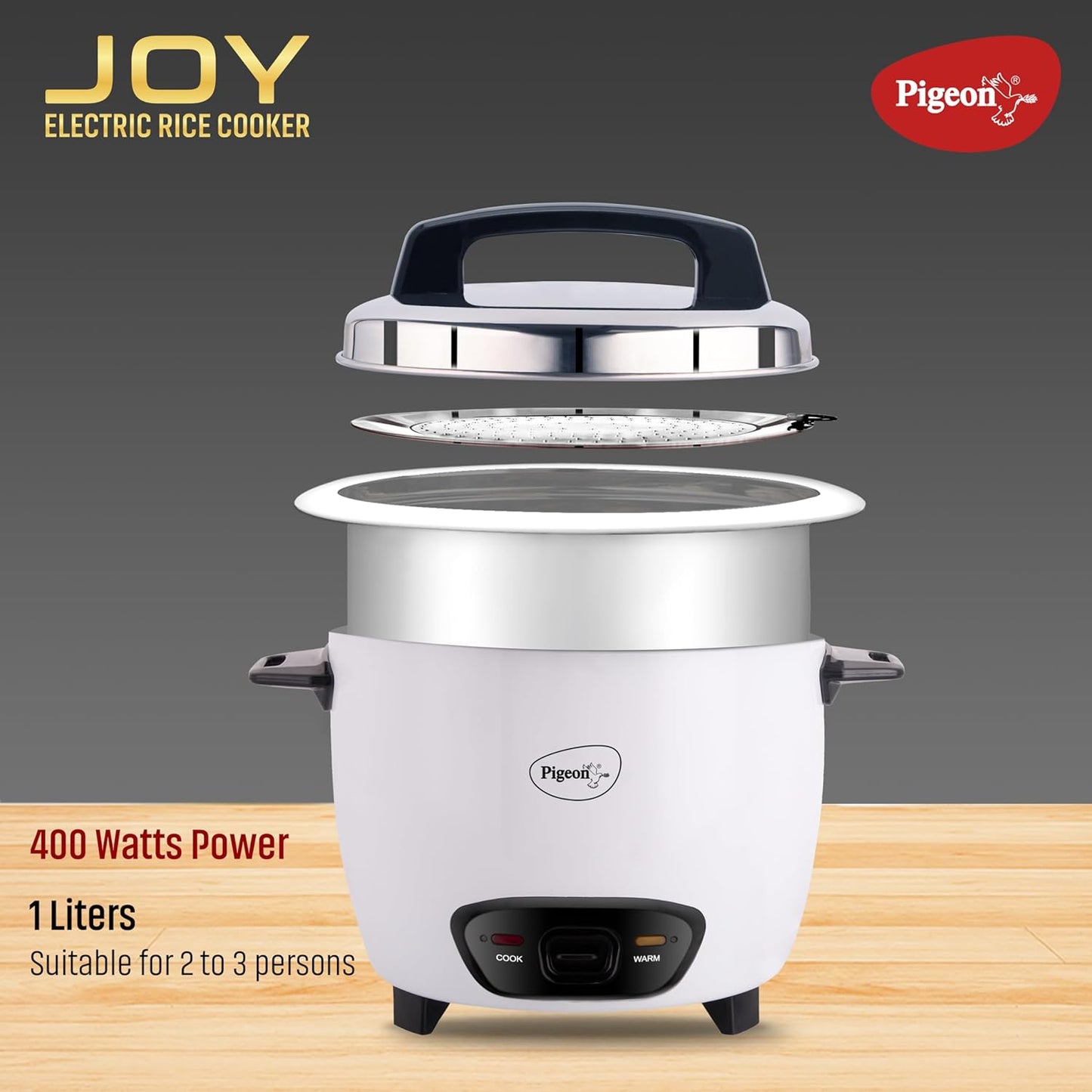Pigeon by Stovekraft Joy Rice Cooker with Single pot, 1 litres. (White) | Toughened Glass Lid | 400 Watts | Aluminium Cooking Pot | Measuring Cup| Spatula | Energy Efficient Cooking