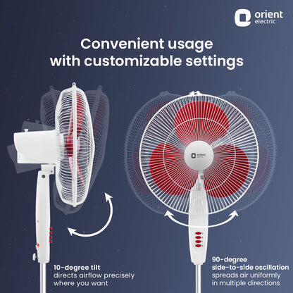 Orient Electric 400 mm Stand 82| Stand fan with tilt & oscillation| Telescopic adjustable height| Piano speed control| Red, pack of 1