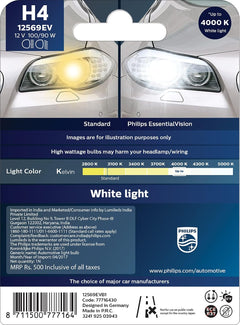 Philips 12569EVB1 H4 White Light Essential Vision Headlight (12V, 100/90W)