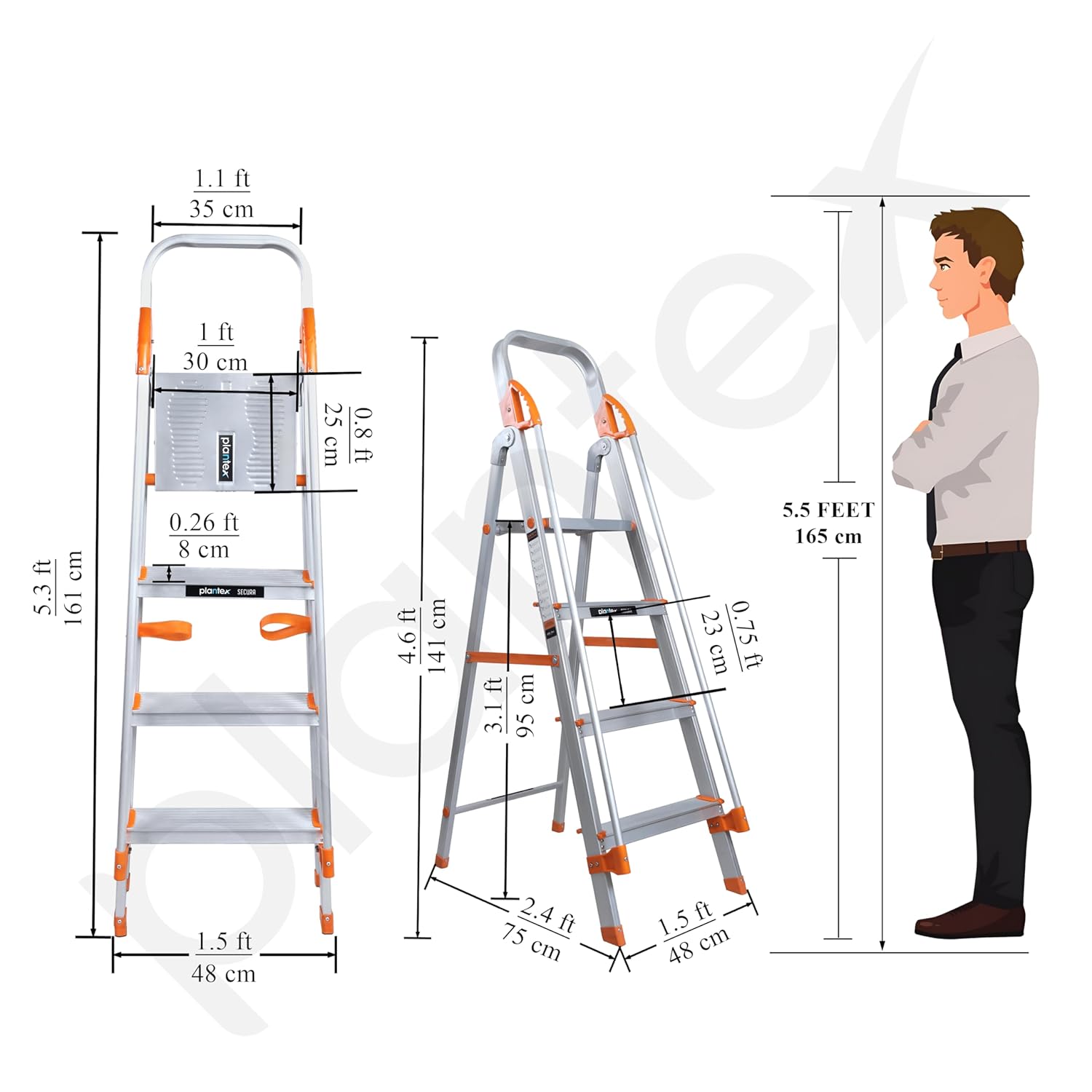 Plantex Secura 4 Step Ladder for Home/Aluminium Foldable Ladder with Safe Hand Rail (Orange-Chrome)