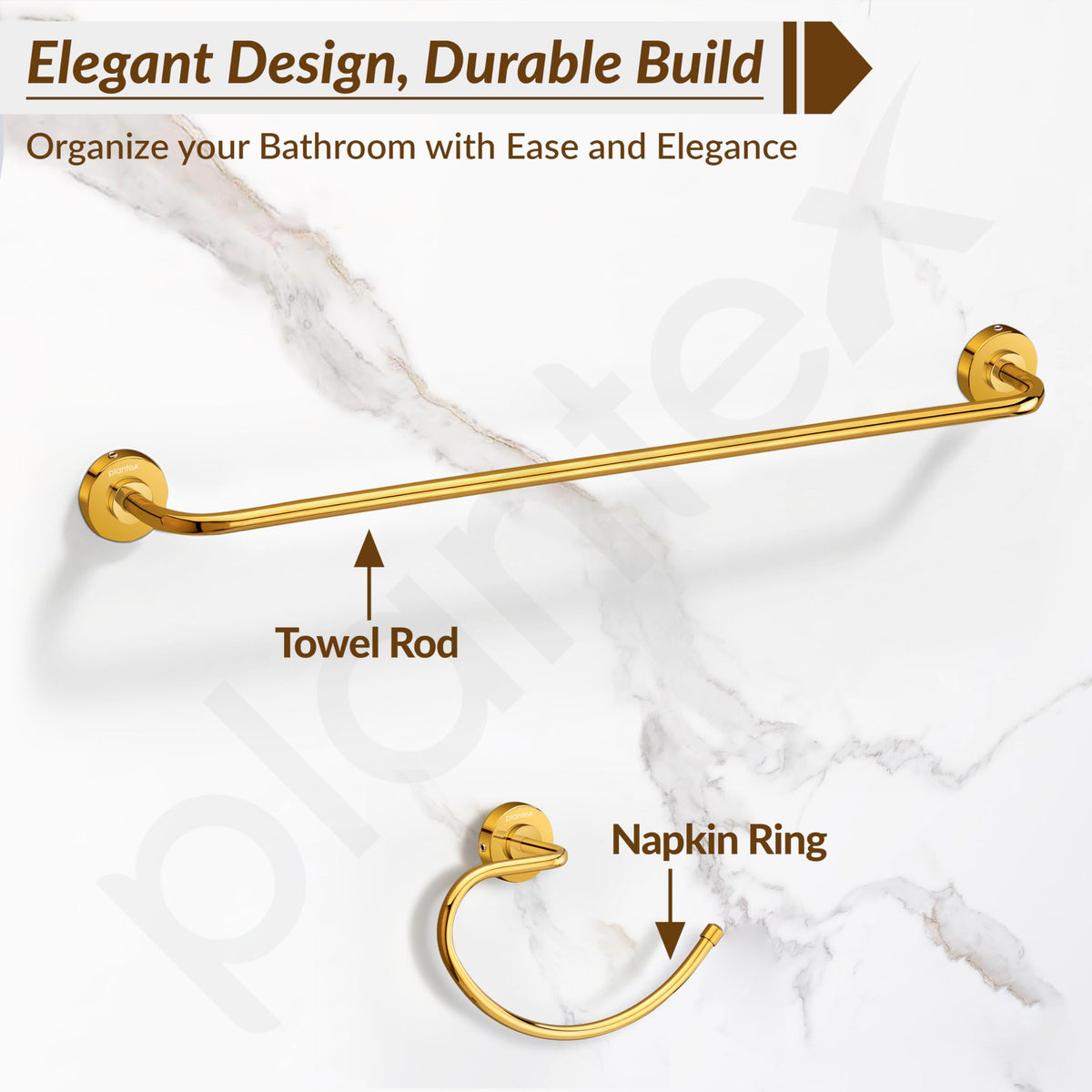 Plantex 304 Grade Stainless Steel Bathroom Accessories Set of 5 - Towel Rod/Hand Napkin Hanger for Wash Basin/Soap Case/Toothbrush Holder/Robe Hook - Daizy (Golden)-6