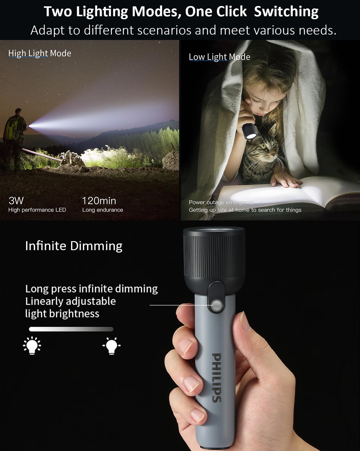 Philips Handheld Torch Light, 2000mAh Torch Rechargeable, 2 Lighting Modes