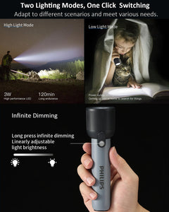 Philips Handheld Torch Light, 2000mAh Torch Rechargeable, 2 Lighting Modes