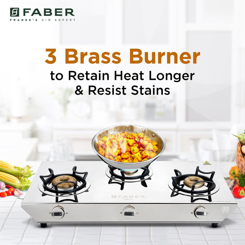 Faber Hilux 3 Burner SS Gas Stove | 1 Jumbo + 1 Medium + 1 Small | Anti-Skid Legs | Drip Tray | 360° Nozzle | Nylon Knob