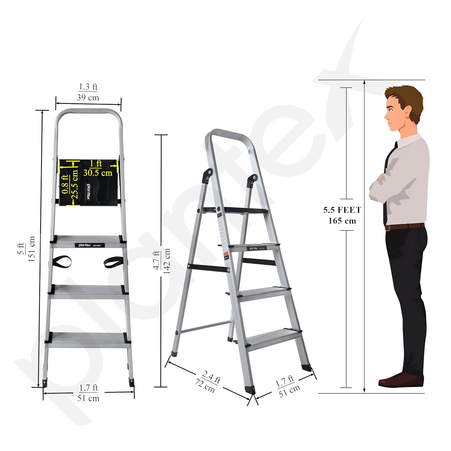 Plantex Big Foot 4 Step Ladder for Home/Fully Aluminium Folding Ladder/Wide Anti-Skid Steps (Black-Silver)