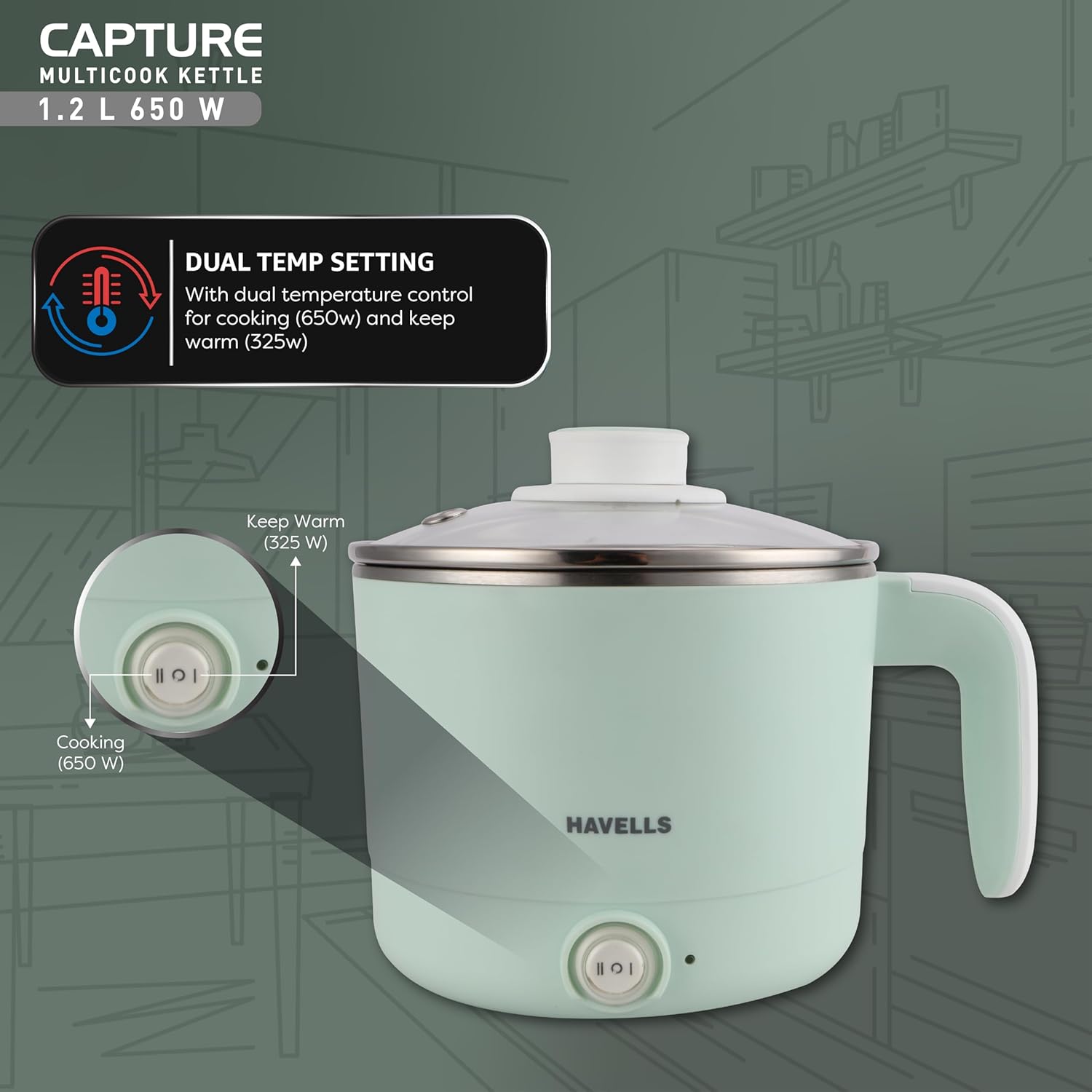 Havells Capture 1.2 L Multi-Cook Electric Kettle with Steamer | 650W |304 Stainless Steel Inner Body|Cooks Noodles, Rice, Milk | Cool-Touch Body | 2-Year Warranty (Green)